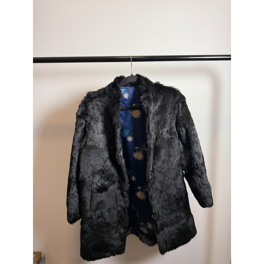 Vintage Reversible Real Fur Coat Blue Embroidered Satin Frog Closures Black